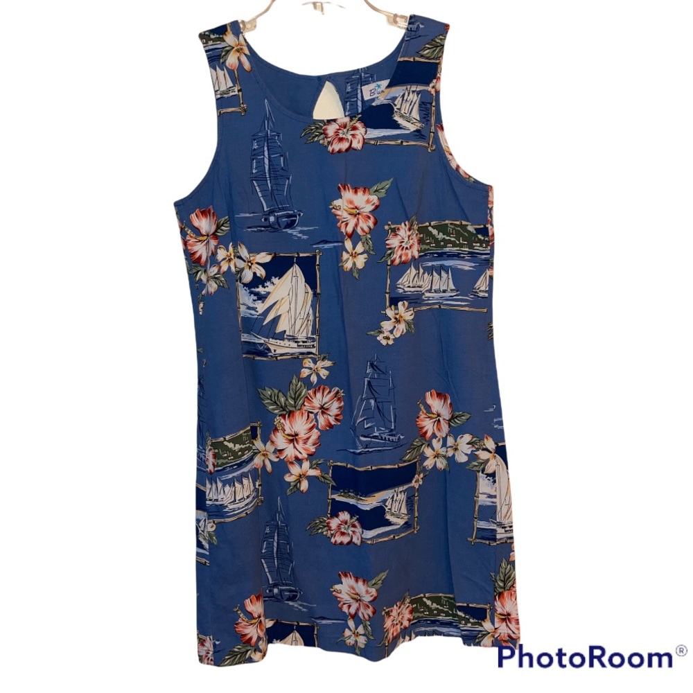 Blue Water Floral & Caravel Print Sleeveless Dress M